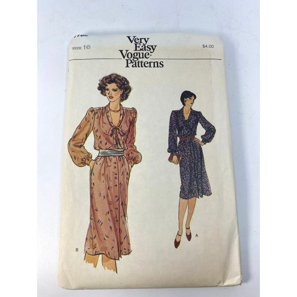 VTG 80s Vogue 7789 Blouson Dress Pattern Sz 16 Academia Tie Collar UC FF OOP